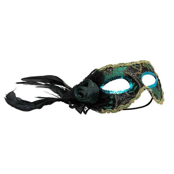 🎭TEAL/BLACK MASQUERADE HALLOWEEN MASK WITH SEQUINS, LACE, FABRIC ROSE & FEATHER - Picture 3 of 6